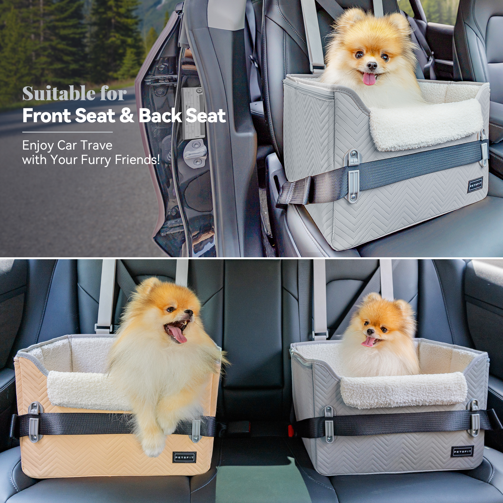 PETSFIT 16in Pet Booster Car Seat, Portable Dog Car Seats for Small Dogs with Clip-On Leash, Patent Safe Buckles,Up to 25lbs ,Light Grey
