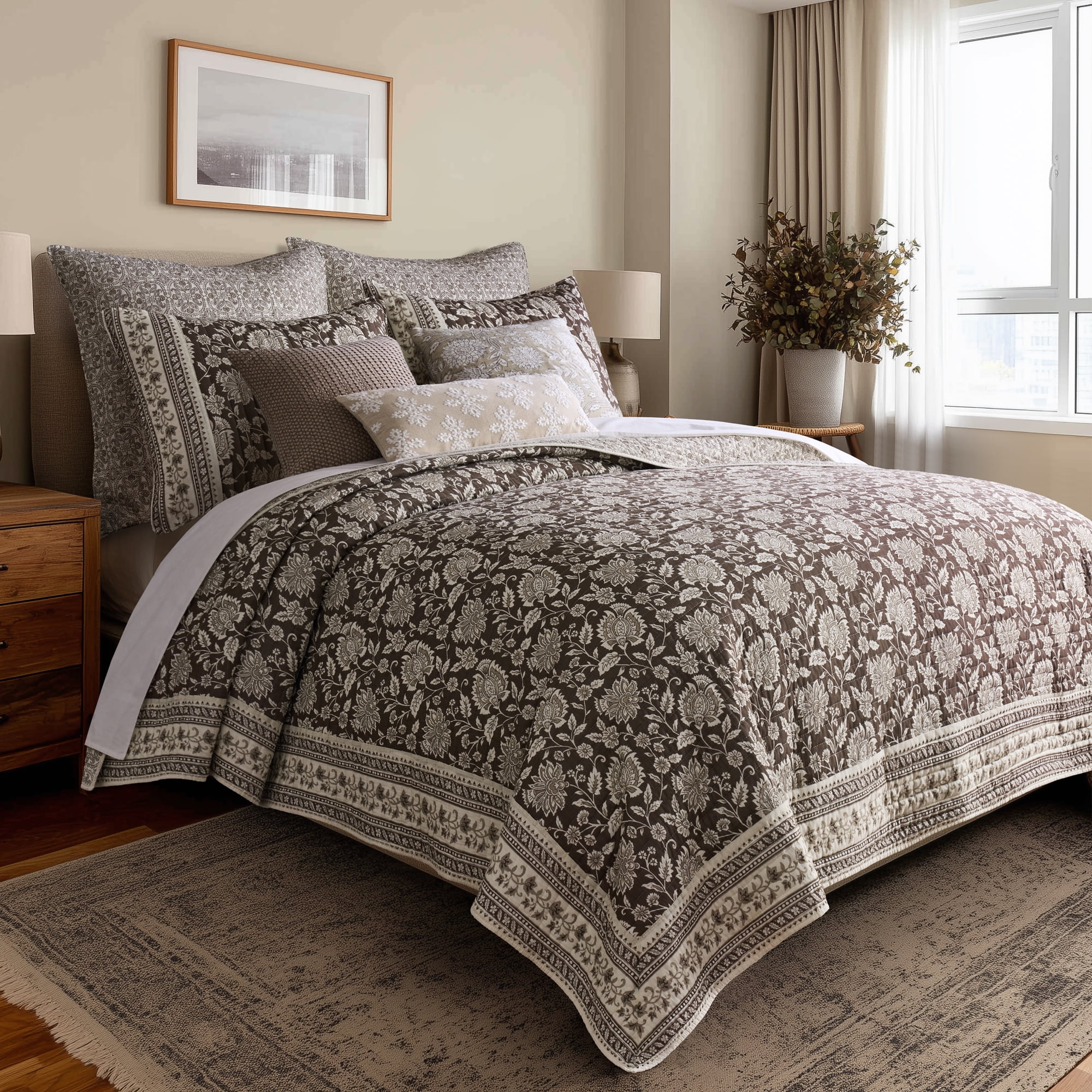 Levtex Home Adare Cocoa Reversible Twin / Twin XL Quilt Set (68x86in) with 1 Pillow Sham (26x20in) - Floral Bedding - Brown Taupe Cream - Cotton Twin Size Quilt Bedding Set