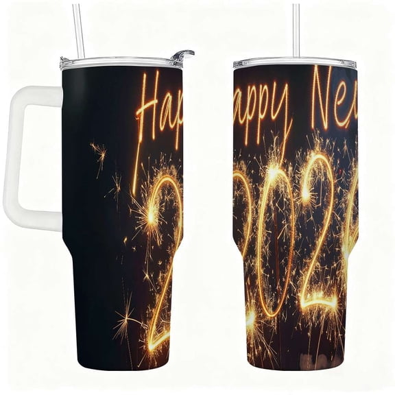 Happy New Year 2026 Mug with Handle, Sparkler Light Writing Design Stainless Steel Insulated Coffee Cup