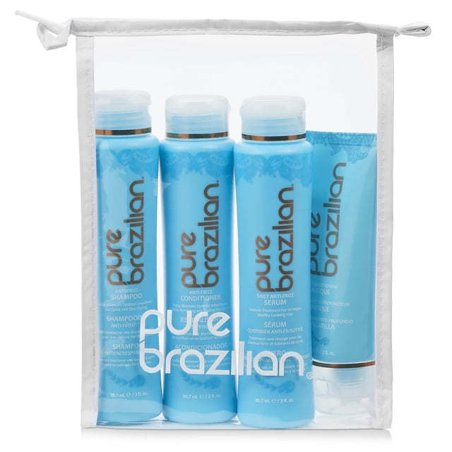 PURE BRAZILIAN - Kit esencial de tamaño de viaje de 4 piezas: champú, acondicionador, suero y mascarilla anti-frizz