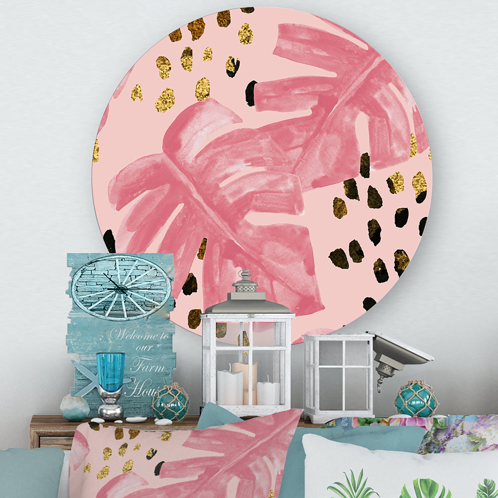 Designart 'Rough Brush Strokes Pink Colored Monstera I' Tropical Circle Metal Wall Art 11x11 - Disc of 11