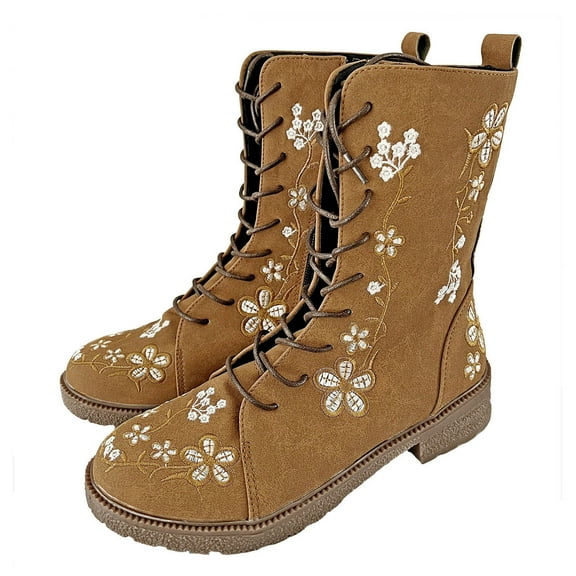 Chenyee Combat Boots for Women Vintage Flower Embroidered Lace Up Suede Chunky Block Low Heels Booties