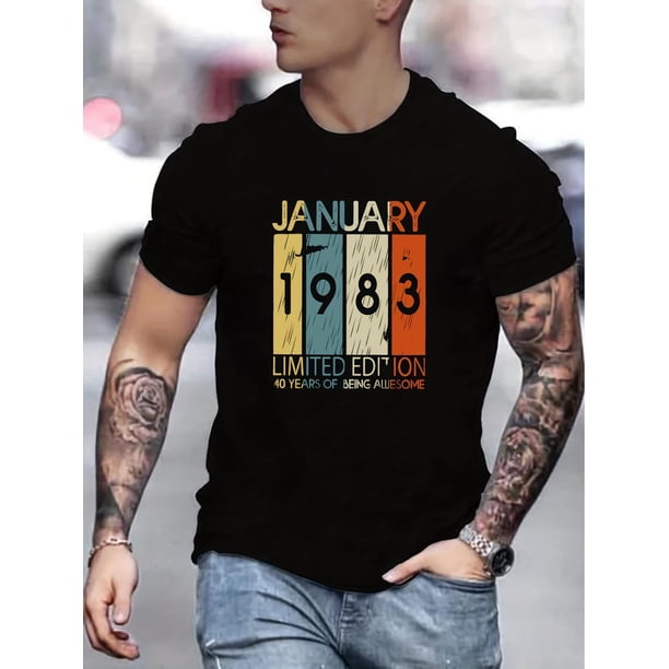 Trendy Color Block JANUARY 1983 Pattern Print Men's T-shirt, Graphic Tee Men's Summer Clothes, Men's Outfits Tee For Adult, Men, Women, Teen, Teenager, Adolescent, Youth.