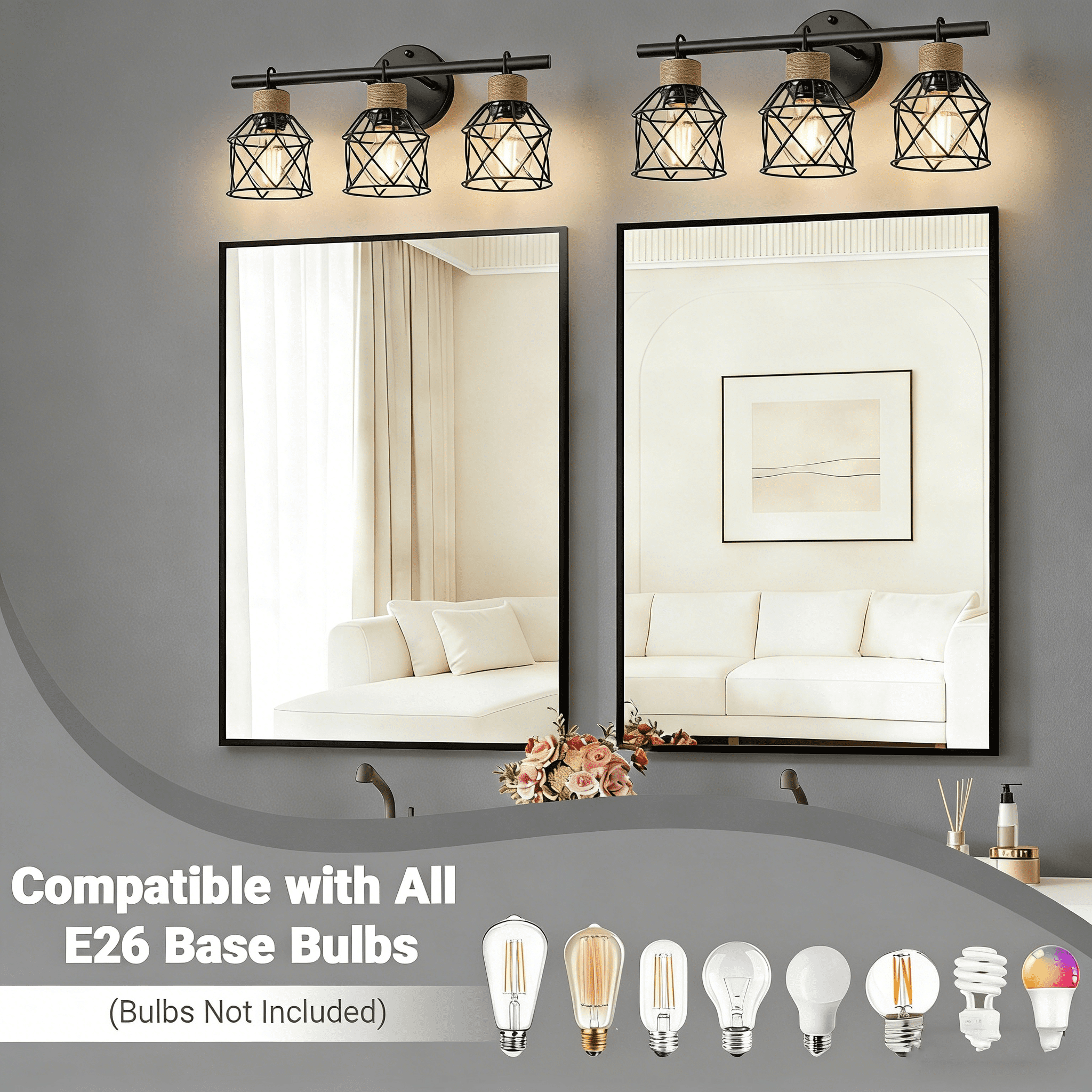 3-Light Bathroom Light Fixture Over Mirror Matte Black Farmhouse Vanity Light for Bathroom Rope Wrapped Rustic Industrial Vanity Lighting Fixture with Metal Lampshade for Hallway Porch