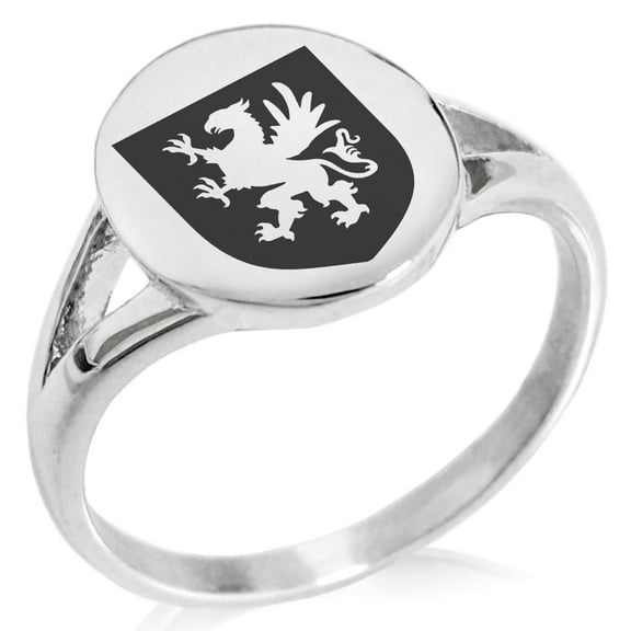 Tioneer Stainless Steel Griffin Valor Coat of Arms Shield Minimalist Oval Top Polished Statement Signet Ring