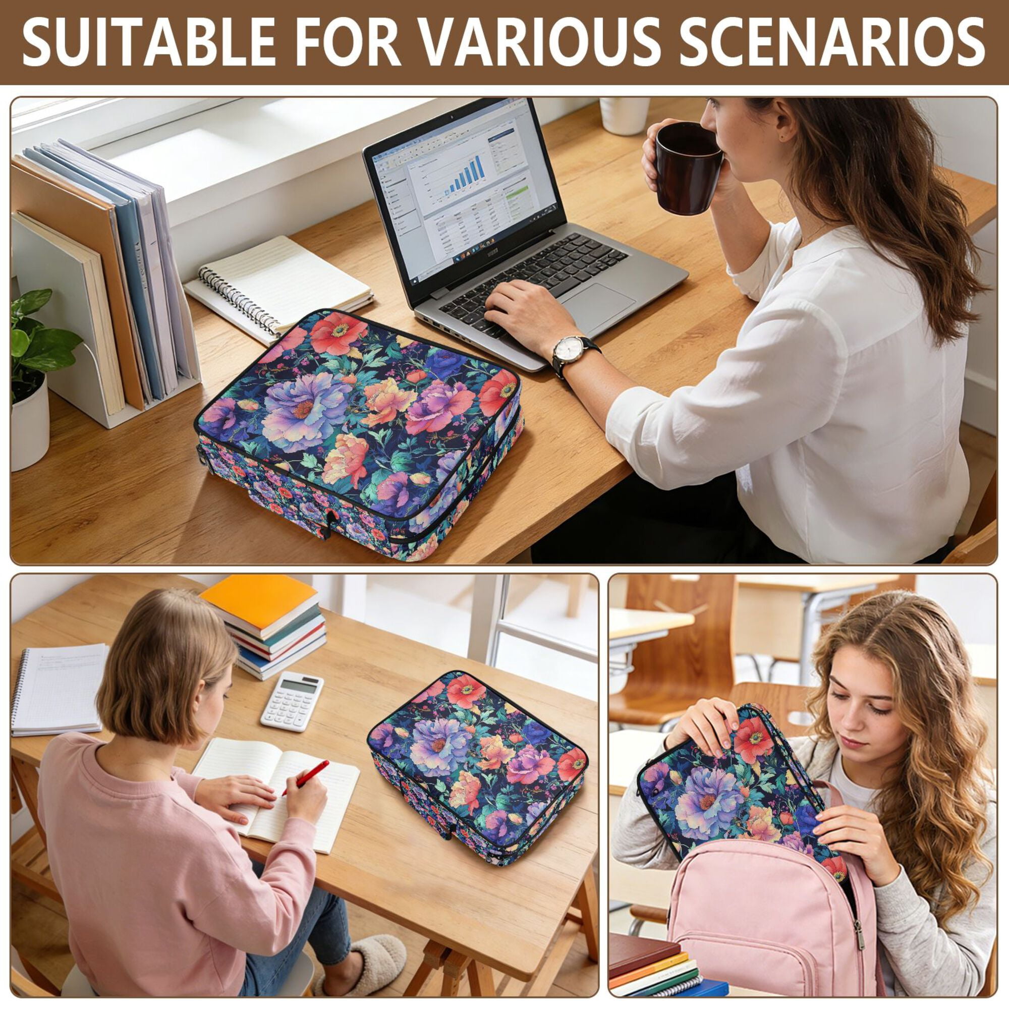 FORMRS Accordion File Folder A4 Size 7-Pocket Expanding Document Organizer Bag with 3 Ring Binder, Puprle Ethereal Floral Harmony