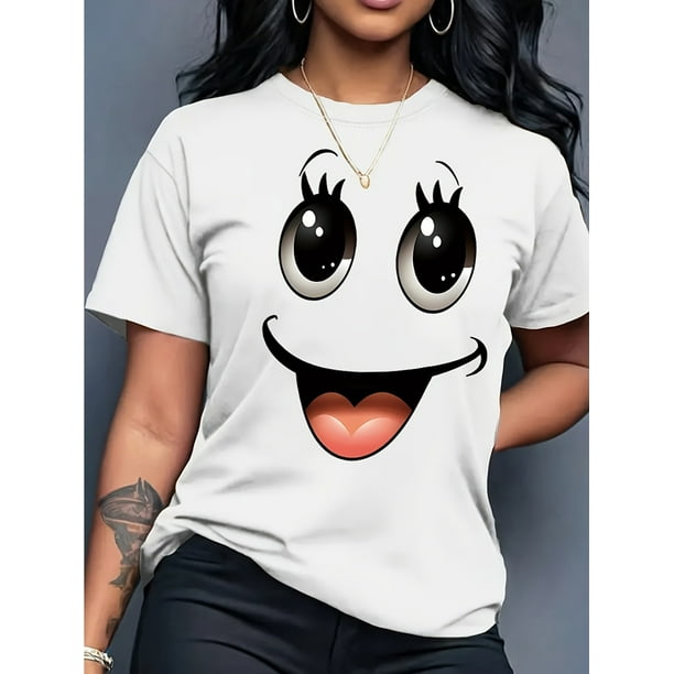 Women'S Casual Short Sleeve Cartoon Print Crew Neck Cotton Knit Fabric Regular Length Top for Women, All Season