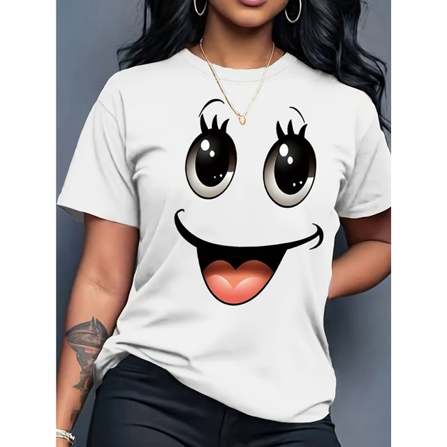 Women'S Casual Short Sleeve Cartoon Print Crew Neck Cotton Knit Fabric Regular Length Top for Women, All Season