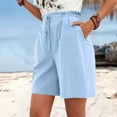 thumbnail image 3 of Shorts Women with Pockets Women's Wide Leg Shorts Fashion Comfy Drawstring Elastic Waist Loose Shorts Lightweight Faux Linen Shorts with Pockets ,Light Blue,M, 3 of 5