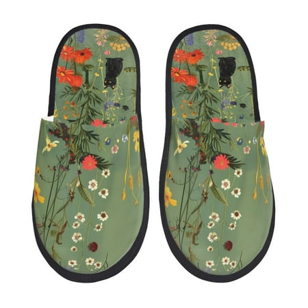 Balery Botanical Garden With Cats Slient Indoor Furry Fleece Comfort House Shoes Soft Non-Slip Home Shoes Cotton slippers House Slippers-- Medium