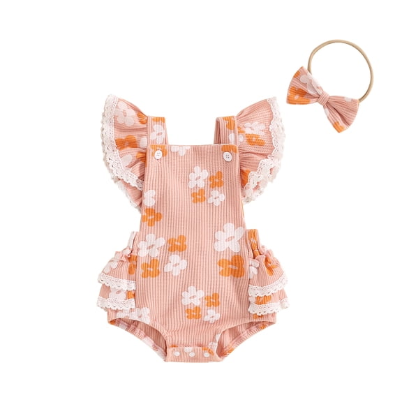 Aojekbee Baby Girl 2Pcs Summer Outfits Ruffle Sleeveless Lace Trim Floral Print Romper with Headband Set Infant Clothes
