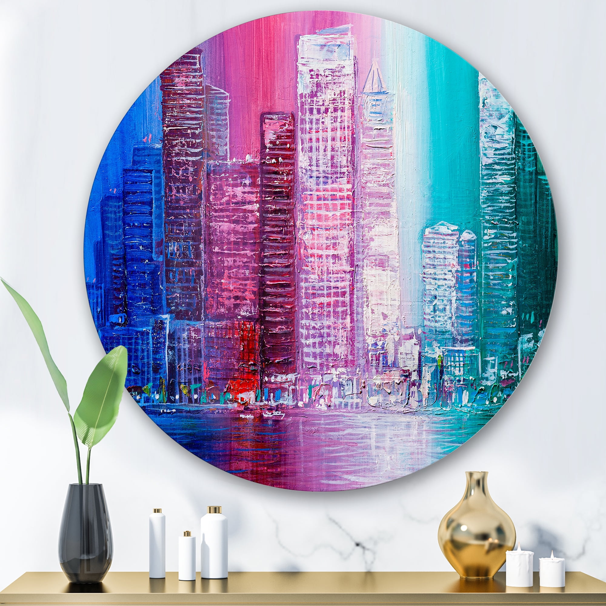 Designart 'Abstract Style Cityscape Panorama Skyscrapers II' Modern Circle Metal Wall Art 29x29 - Disc of 29