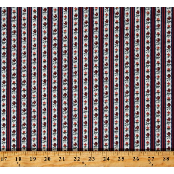 Cotton Floral Stripes Flowers Red Blue Cream Petite Perennials Annette Plog Cotton Fabric Print by the Yard (52532-4)