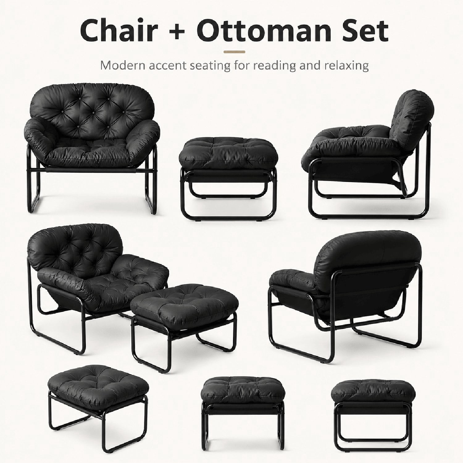 Lazy Chair with Footstool, Thick Cushioned Recliner with Faux Leather Upholstery and Stainless Steel Frame, Ergonomic Accent Chair for Living Room, Bedroom, Dorm