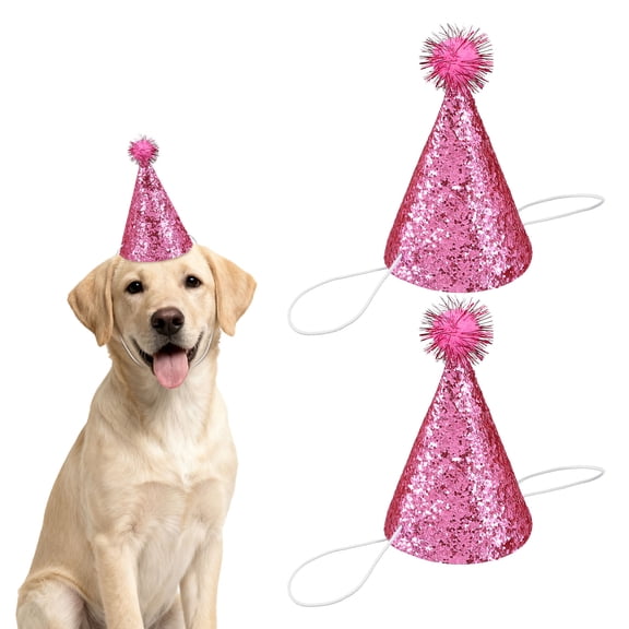 Uxcell Dog Birthday Hat, Mini Small Dog Hats Cat Birthday Party Hat with Pompons Adjustable Decor Sequins Cute Costume Accessories (Hot Pink, 2 Pcs), for Puppies/Kitten/Grooming Charms