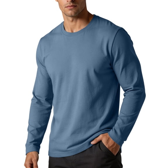 TKKCS Mens Cotton Long Sleeve T Shirt- Lightweight Casual Wear Crew Neck Regular Fit Base Layer Shirt Dark Blue Size 2XL