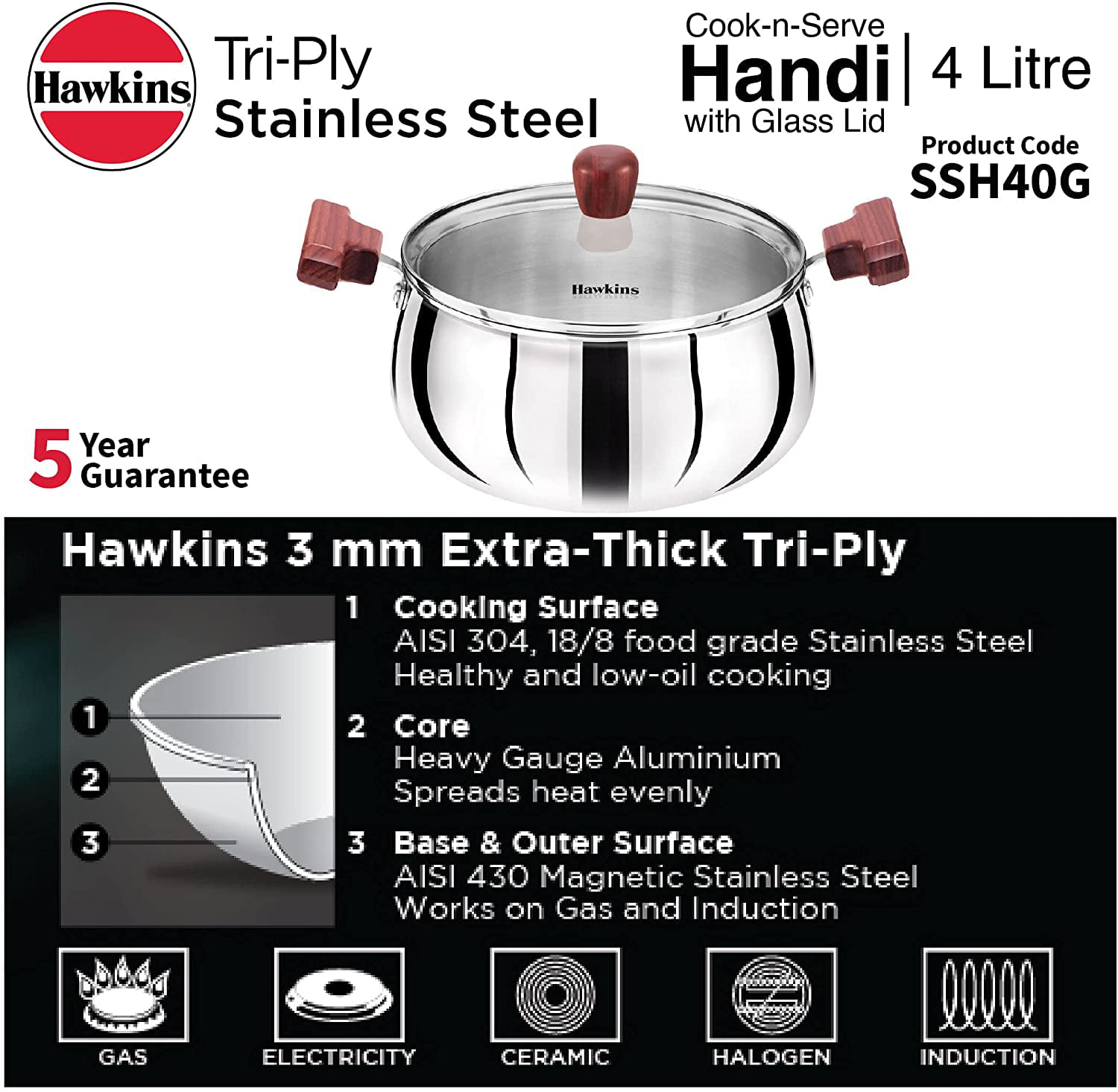 Hawkins Stainless Steel Induction Compatible Inner Lid Pressure Cooker, 4  Litre, Silver (Hss40), 4 Liter