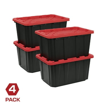 Tough Box 27 Gallon Large Plastic Storage Container with Snap-On Lid, Black with Red, Pack of 4