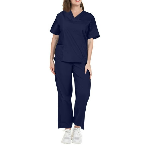 Resivox Scrubs for Women Set Plus Size Nurse Uniforms Stretchy V-Neck Scrub Pants and Tops Medical Scrubs Scrub Sets Tall Scrubs Navy L