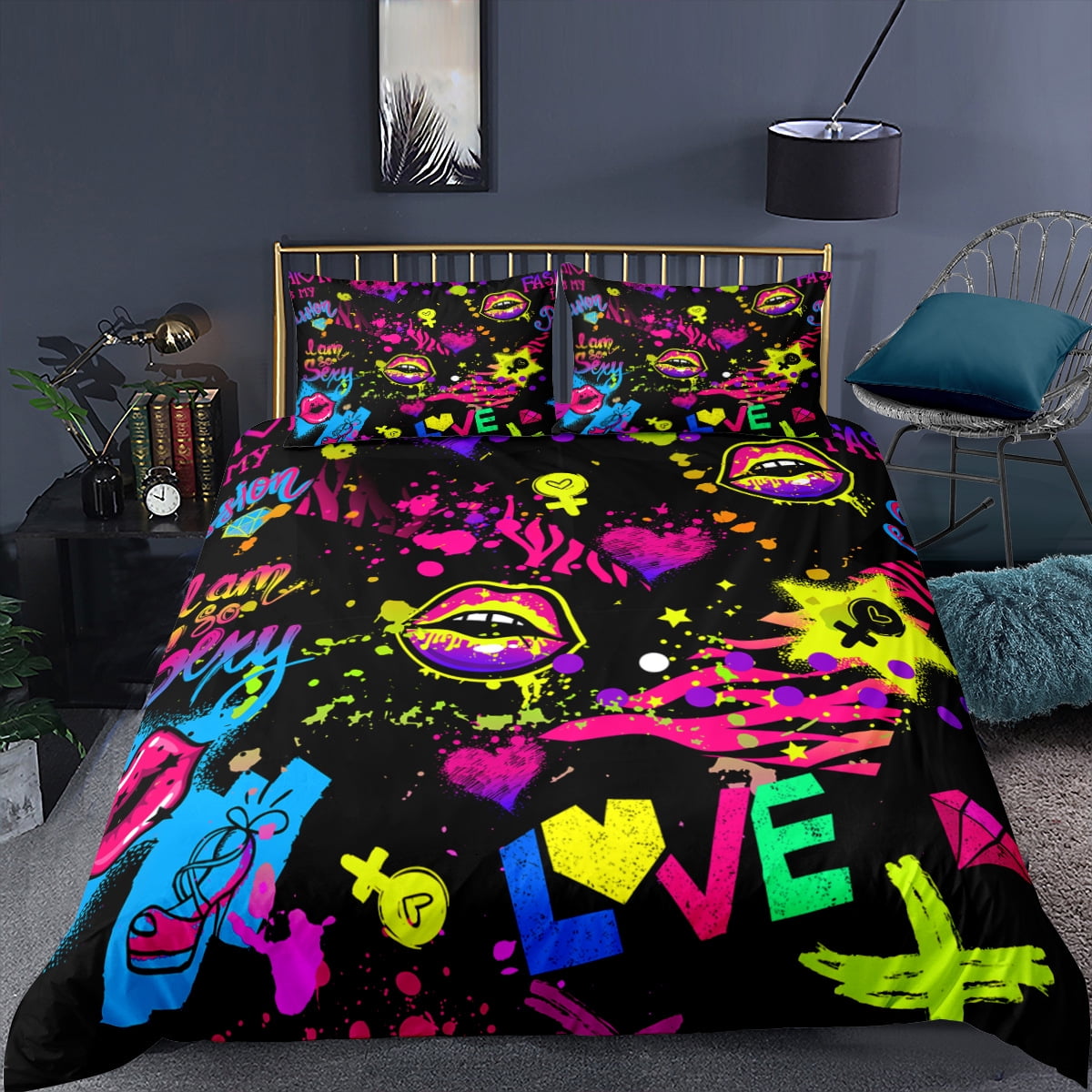 Teens Girls Lips Love Bedding Set for Women, Lipstick 3D Print
