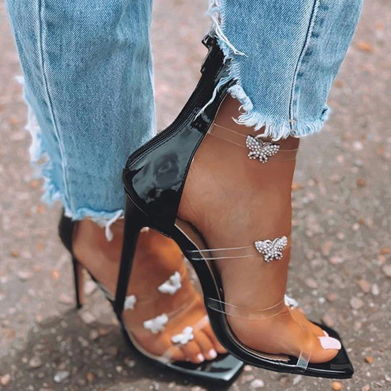 Black Lace Diamante Platform Wedding Sandals Heels T-Bar Peeptoe Shoes 