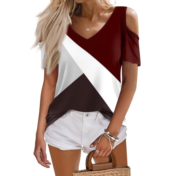 Fiudx Ofertas Flash Artículos En Oferta Blusa de Manga Corta con Hombros Descubiertos y Estampado Cómoda Informal para Mujer a La Moda
