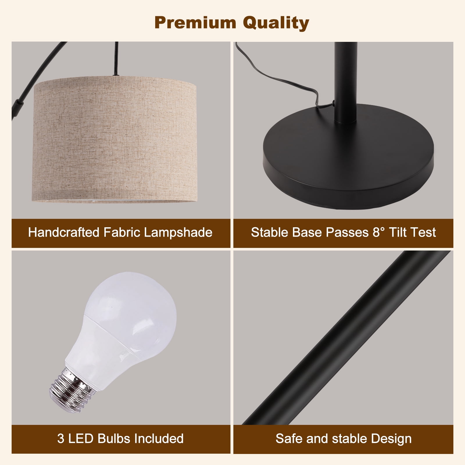 Netin 80” 3-Light Modern Dimmable Black Arc Floor Lamp with Beige Shades