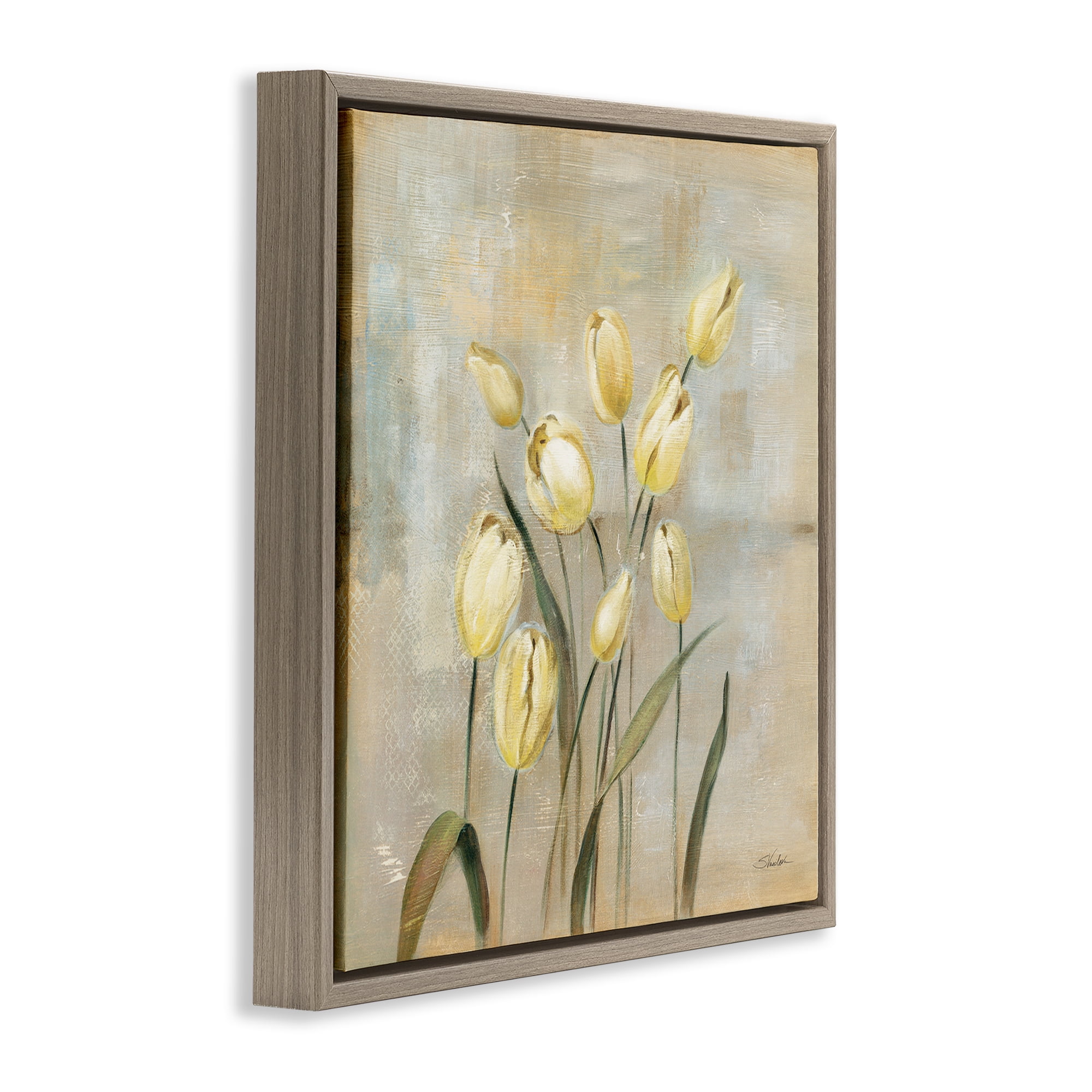 Stupell Industries Yellow Tulips on Beige Botanical & Floral Painting Brown Floater Framed Art Print Wall Art, 18 x 18