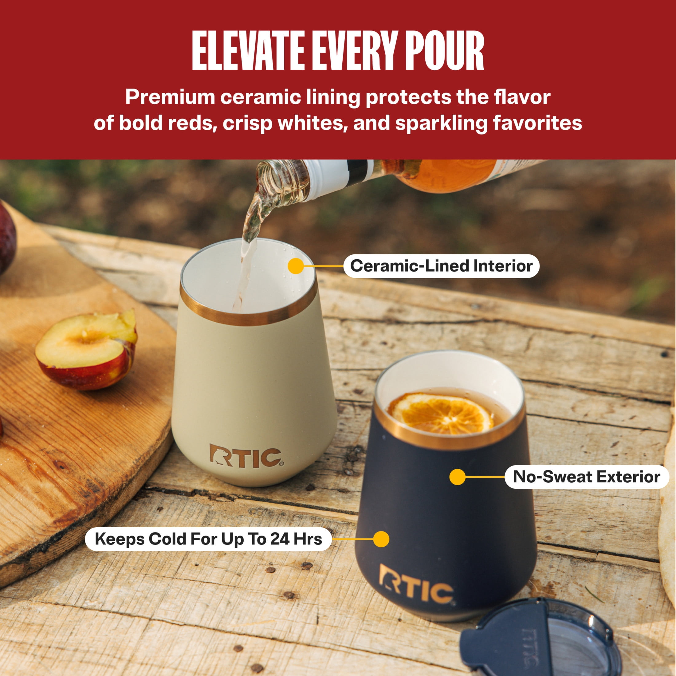 RTIC 12 oz Ceramic Lined Insulated Wine Tumbler with Leak Resistant Lid, Dark Pine