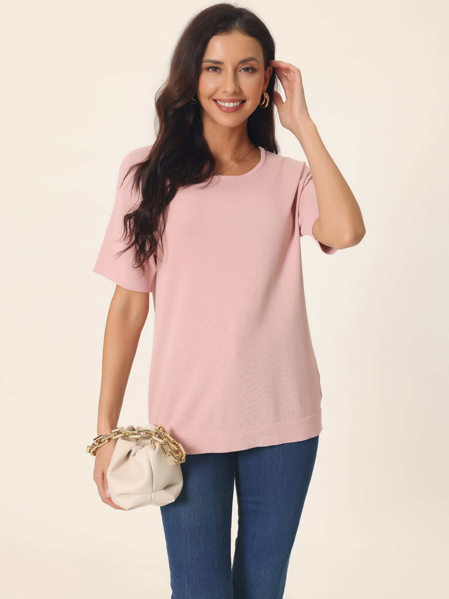Unique Bargains Women's Short Sleeve T Shirts Basic Knit Tops Loose Solid Color Blouse S Pink