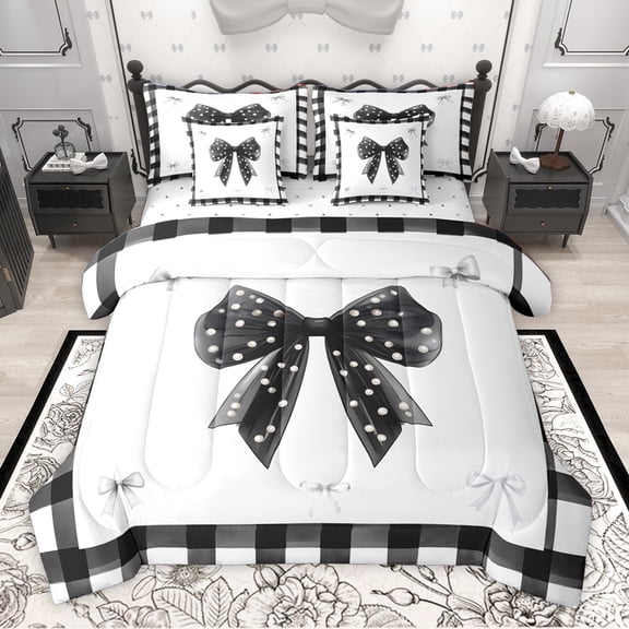 Homewish Ribbon Bow Bowtie 7-Piece Twin Bedding Sets,Geometric Plaid Grid Bedding Comforter Set,White Black Sheet Sets For Child,Ultra Soft Home Decor Reversible