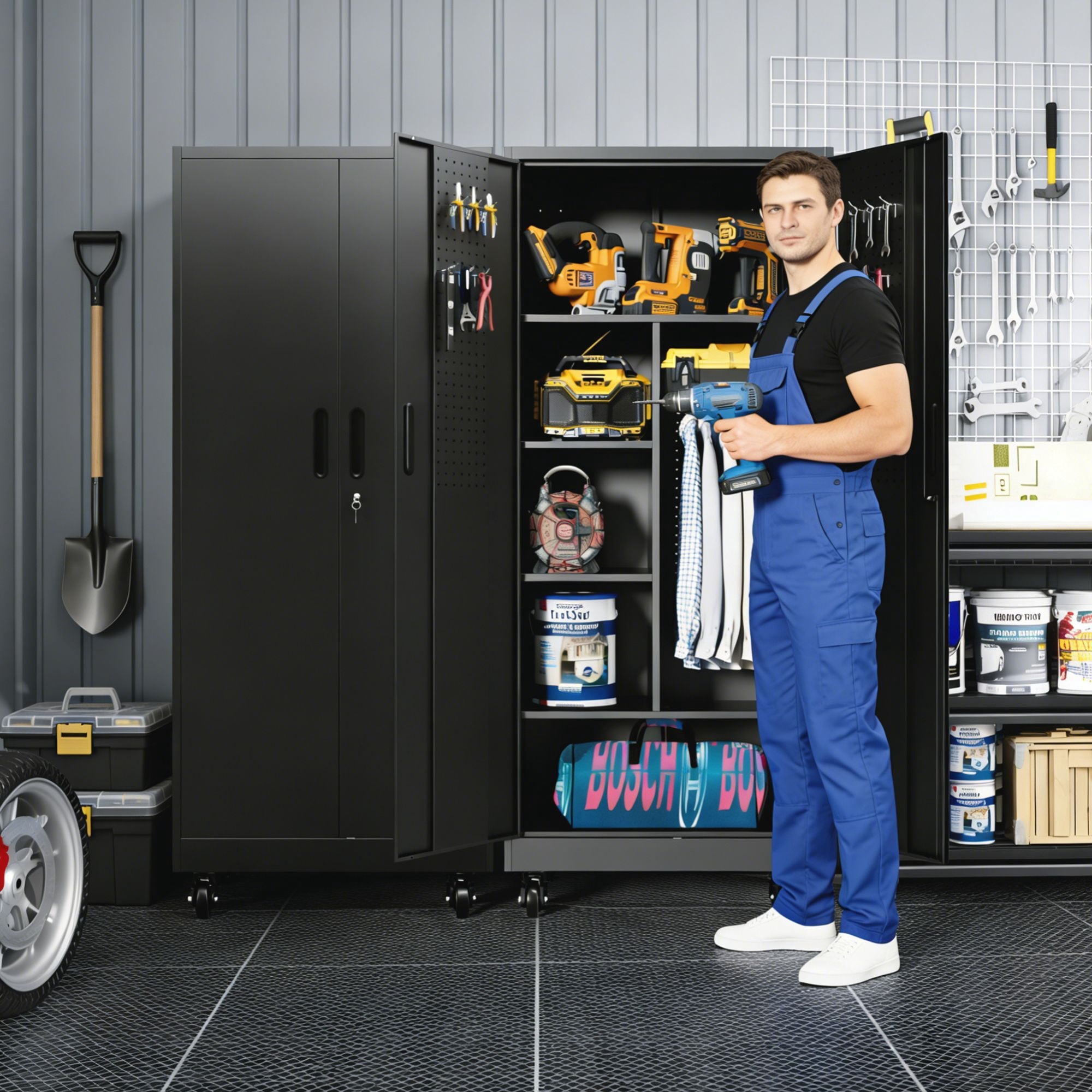Steel Storage Cabinet with Lockable Doors, 71 in Freestanding Metal Wardrobe with Adjustable Shelves and Hanging Rod for Home, Office, School, Garage