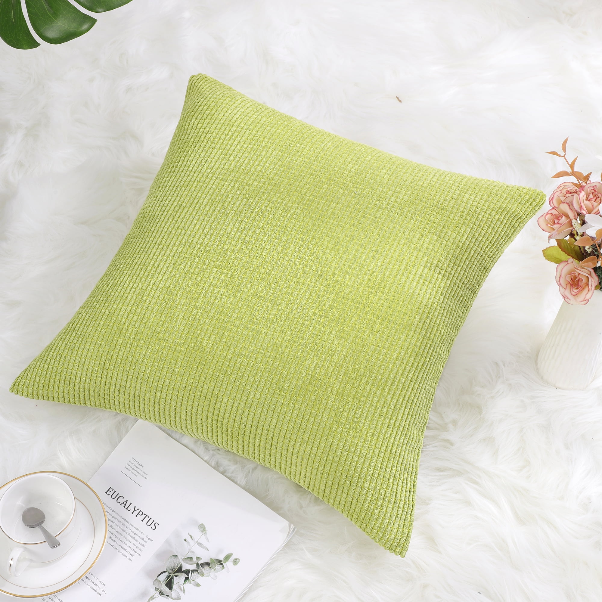PiccoCasa Velvet Corn Striped Square Throw Pillow Cover, Light Green, 26"x26"