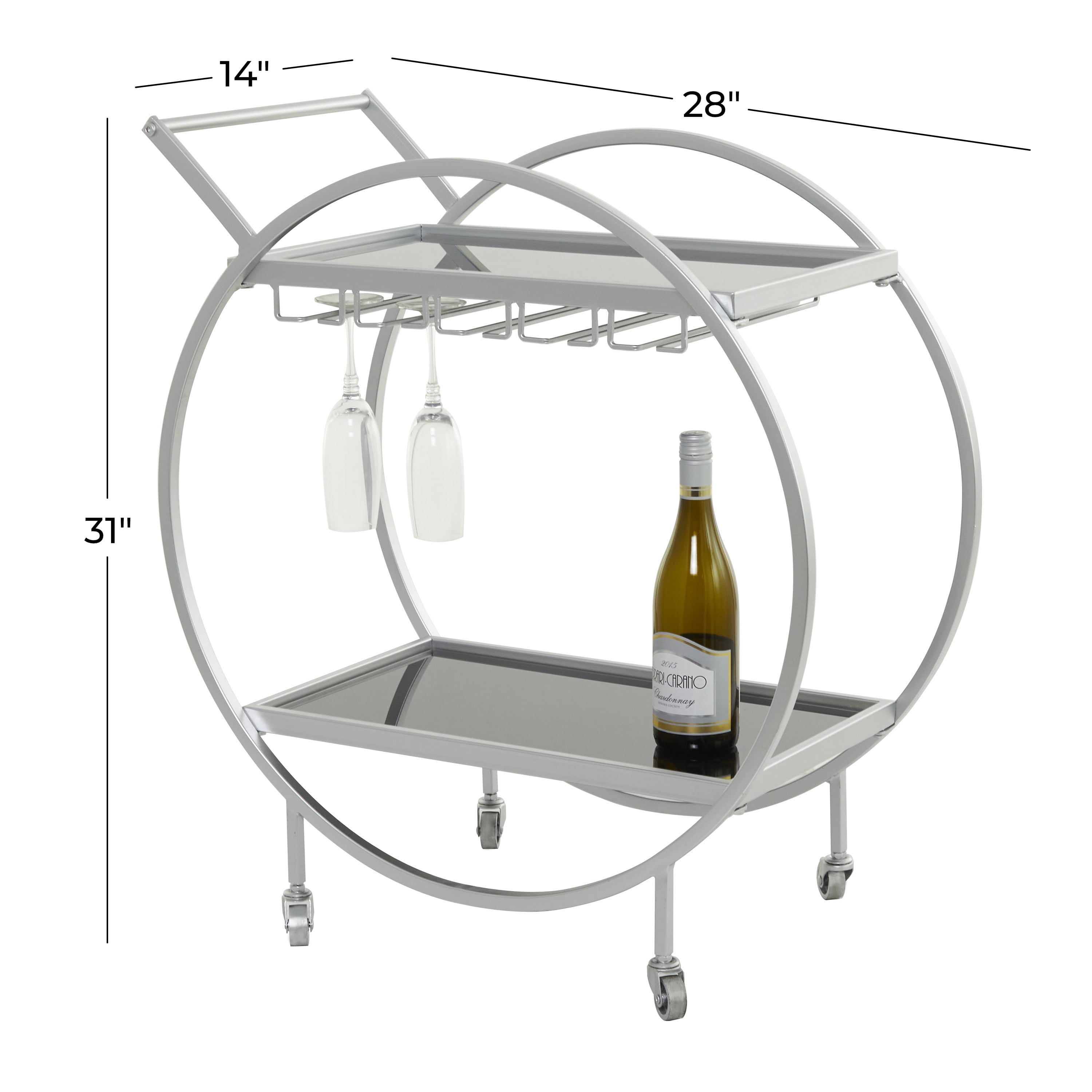 DecMode 28" x 31" Silver Metal Rolling 2 Mirrored Shelves Bar Cart with Wine Glass Storage and Handle, 1-Piece