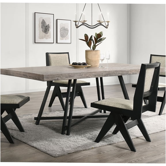 JERFIT 84-inch Modern Dining Table for 6 with Metal Trestle Base, Black Rubberwood Rectangle Kitchen Table