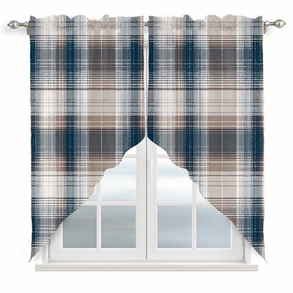 Swag Curtains Valances for Windows, Brown Blue Checkered Plaid Short Kitchen Window Curtains Over Sink, Rustic Buffalo Plaid Cafe Curtains Panel Set Of 2,Rod Pocket, 36 Inches Length