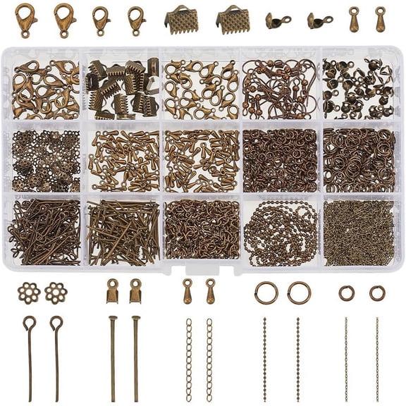 About 870 Pcs Jewelry Finding Kits with Lobster Claw Clasps Jump Ring Ribbon Clamp End Earring Hook Flower Bead Cap Cord End Eye Pin Head Pin Extender Chain Tip Knot Drop End DIY