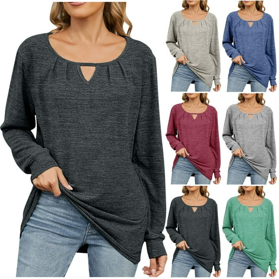 HAPIMO Women's Fashion Solid Color Tops Casual Cotton Linen Keyhole Neck Pullovers Loose Pleated Shirts Vacation Workout Long Sleeve Tees Outfits Black L