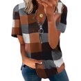 thumbnail image 1 of Blusa de manga corta Top con estampado de cuadros y media cremallera Blusa holgada de manga corta para dama Naranja L, 1 of 5