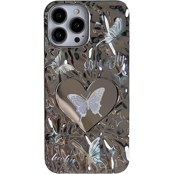 Cute Butterfly Water Ripple Plating Mirror Phone Case Compatible with iPhone Case (Silver,iPhone 15 Plus)