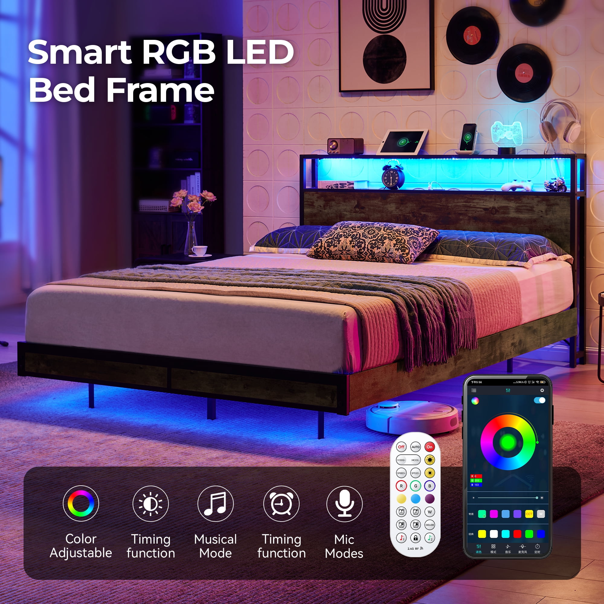 Sailvan Full Bed Frame, Metal Bed Frames with LED Headboard, Charging Station & Under Storage, No Box Spring Needed, Brown