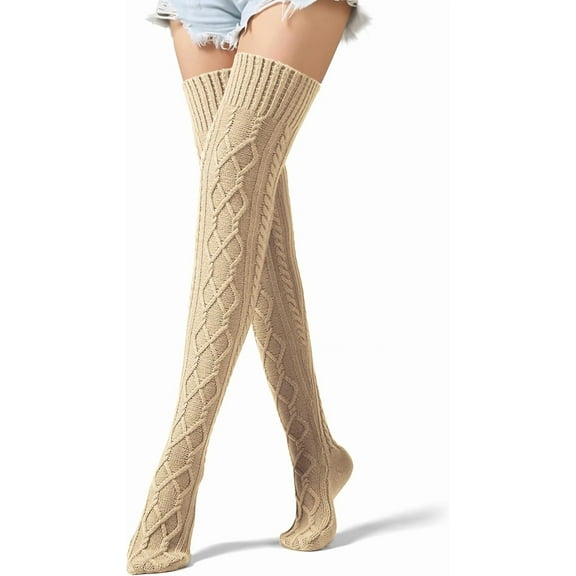 Thigh High Socks Cable Knit Winter Boot Socks Over the Knee Extra Long Non-Slip Leg Warmers for women