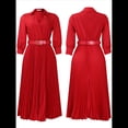 thumbnail image 3 of Vestido Plisado para Mujer, Cuello en V, Larga, Corte A, para Iglesia, Trabajo Formal, Negocios, con Cinturón Rojo M, 3 of 10