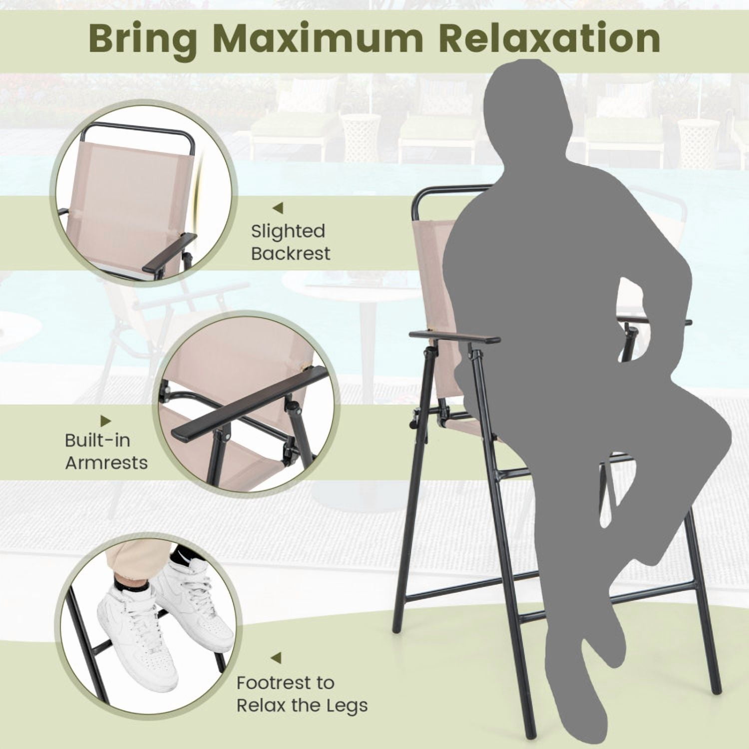 Aimee Lii Set of 2 Patio Folding Bar-Height Chairs with Armrests and Quick-Drying Seat, Outdoor Patio Furniture, Beige