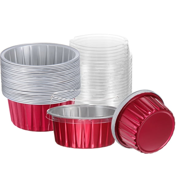 Uxcell 50Pcs Baking Cups with Lids 5oz Aluminum Foil Liners Mini Disposable Containers Cups Red