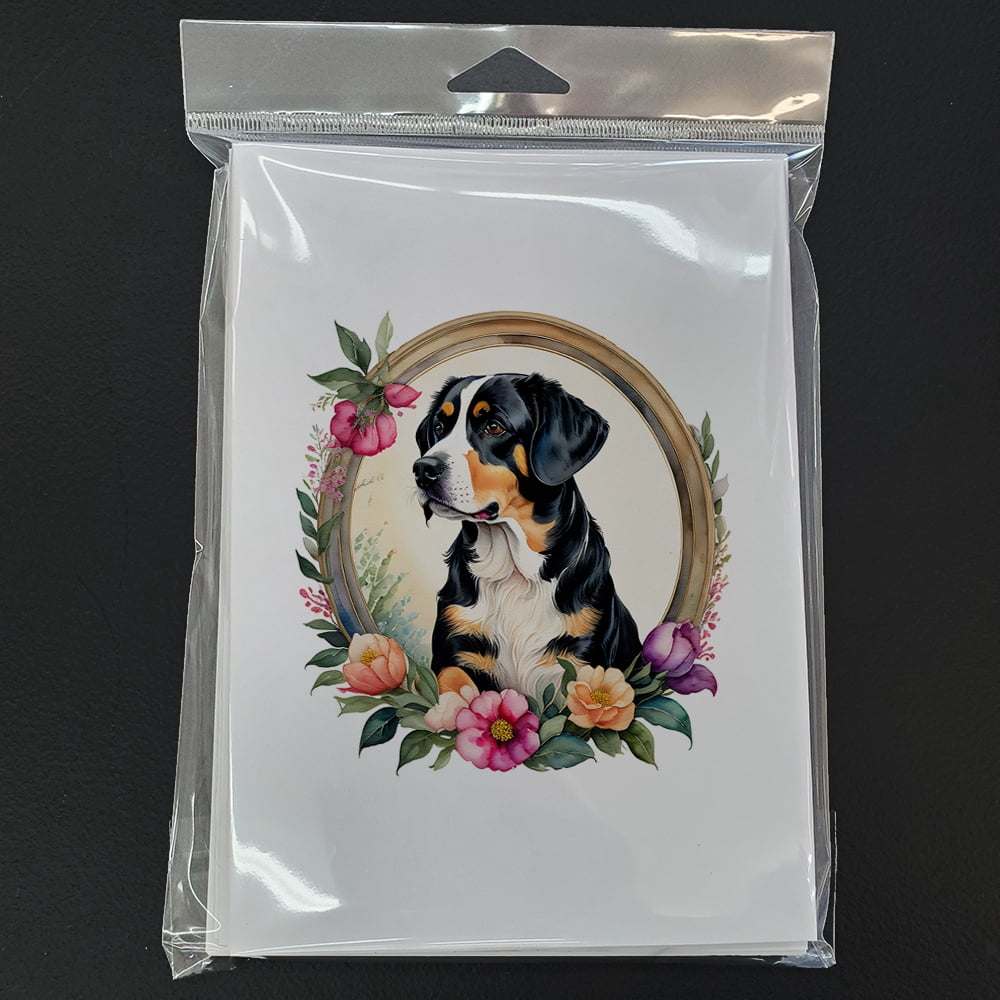 Entlebucher Mountain Dog and Flowers Greeting Cards and Envelopes Pack of 8 7 in x 5 in