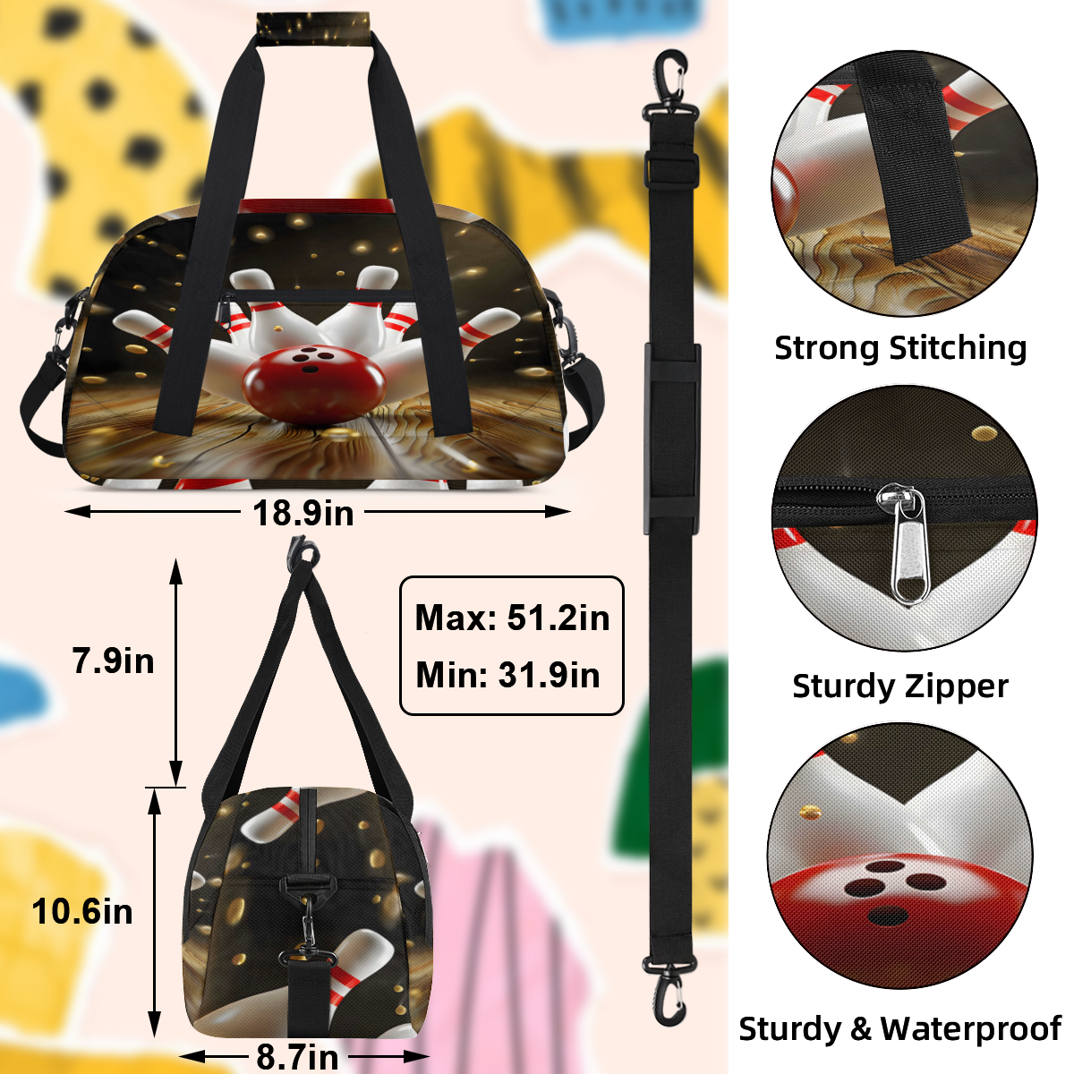 Herdesigns Sports Duffle Bags Travel Duffle Bag Gym Bag Modern Bowling Ball Weekender Travel Bag Waterproof Overnight Bag Carry On Travel Tote Bag Dance Bags