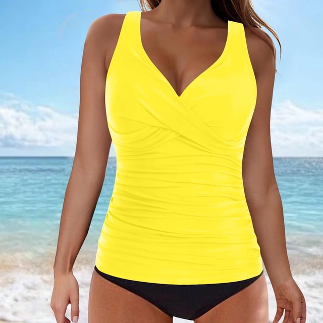 UPPADA Womens Two Piece Tankini Swimsuits Cross Back Modest Tankini Bathing Suit with Bra Crewneck Tank Tops with Shorts Tummy Control Summer Beachwear Clearance on Sale Yellow,S