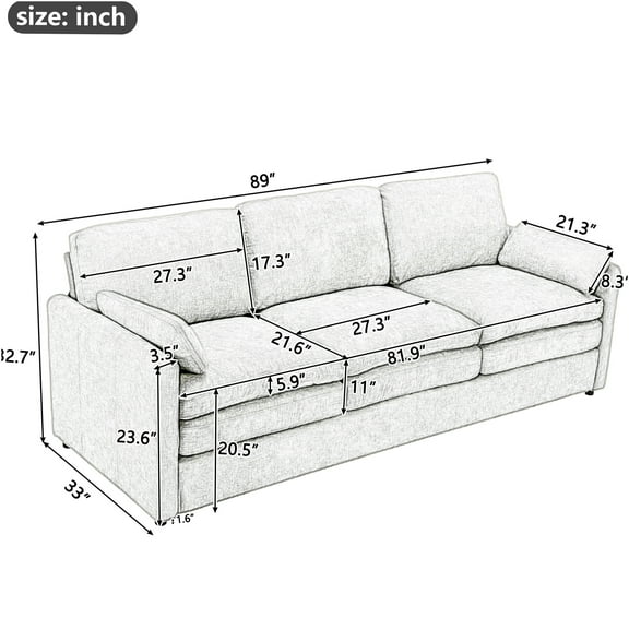 JERFIT Modern Plush Chenille 3-Seater Sofa Couch with Lumbar Pillow, Extra Deep Seating and Cloud-Like Comfort for Living Room, Beige