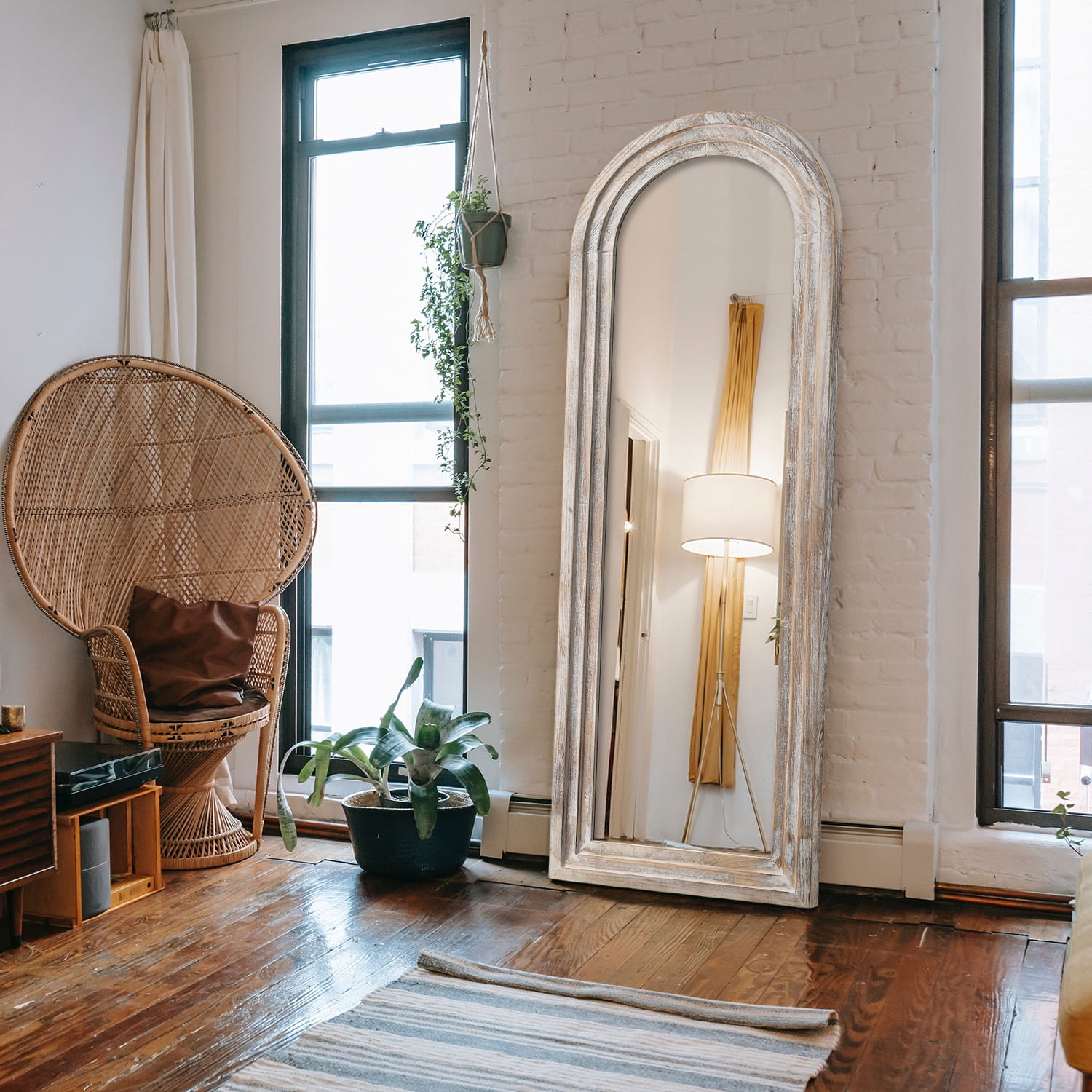 MAYEERTY 64×21in Modern Solid Wood Frame Arched Full Length Mirror with Tempered Glass, Weathered White